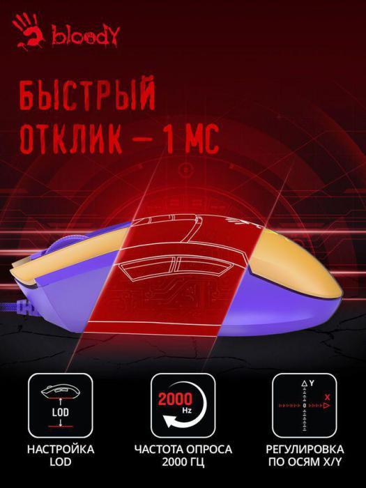 Мышь A4TECH Bloody L65 Max, игровая, оптическая, проводная, USB, желтый и фиолетовый [l65 max/royal violet] - фото 5 - id-p200515619