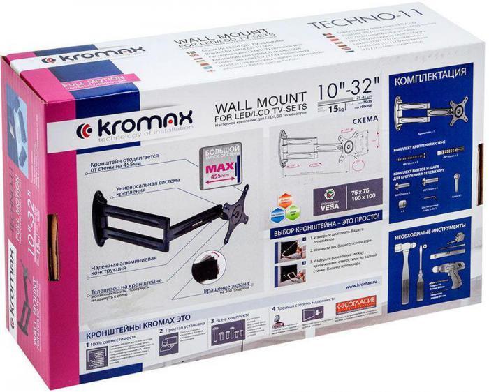Кронштейн для телевизора Kromax TECHNO-11, 10-32", настенный, поворот и наклон, черный [29001] - фото 9 - id-p200517174