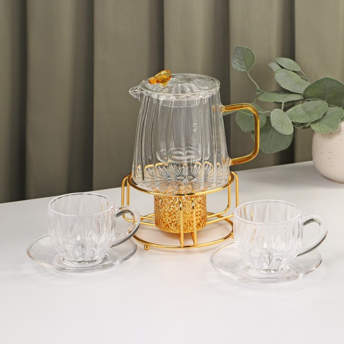 Набор чайный из стекла «Блаженство», 6 предметов: чайник 600 мл, чаша 150 мл, блюдце d=12см, подставка 12×6,5 - фото 1 - id-p201691797