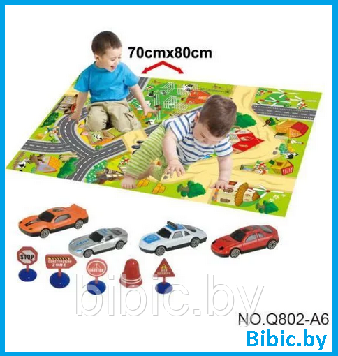 Детский коврик игровой развивающий напольный для малышей, 70*80 см, в комплекте игрушки машинки для детей - фото 1 - id-p201740245