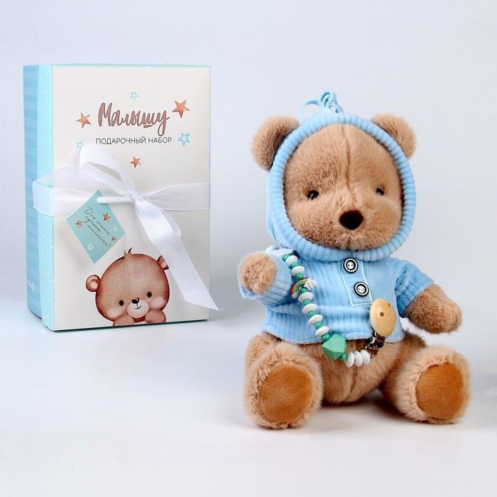 Подарочный набор: мягкая игрушка «Медвежонок» + держатель для пустышки, голубой - фото 1 - id-p201745976