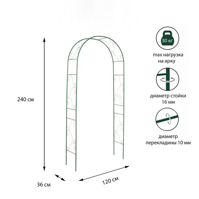 Арка садовая, разборная, 240 × 120 × 36 см, металл, зелёная, «Вьюнок» - фото 1 - id-p201749459