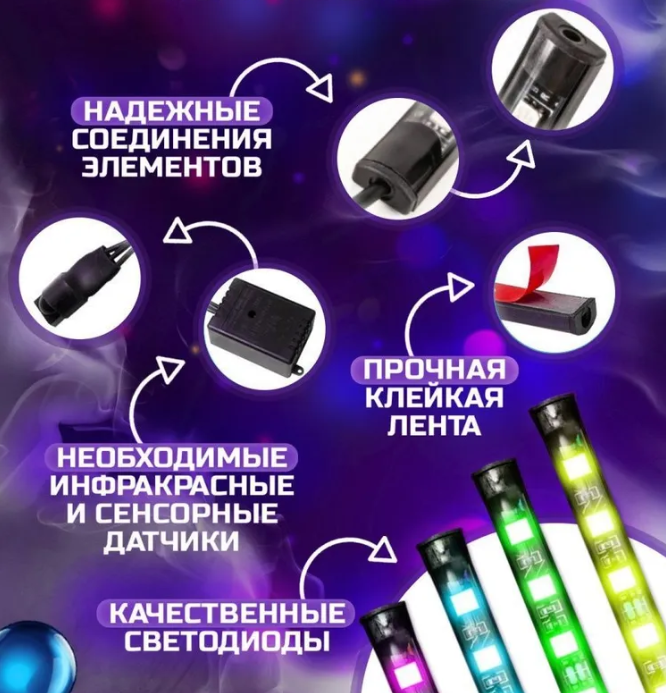 Универсальная светодиодная RGB led подсветка салонасконтроллером идатчикоммузыкидля автомобиляAutomobile - фото 5 - id-p201781347