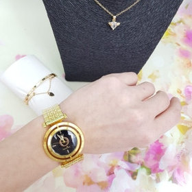 Комплект Pandora (Часы, кулон, браслет) Золото с черным циферблатом