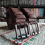 Кожаный ремень 4см Ремарт ТЁРКА коричневый прошитый пряжка барабан, фото 4