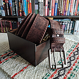 Кожаный ремень 4см Ремарт ТЁРКА коричневый прошитый пряжка барабан, фото 7