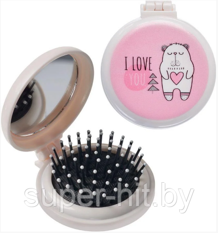 Складная расческа для волос с зеркалом "ВЛЮБЛЕННЫЙ МИШКА" - фото 1 - id-p201814242