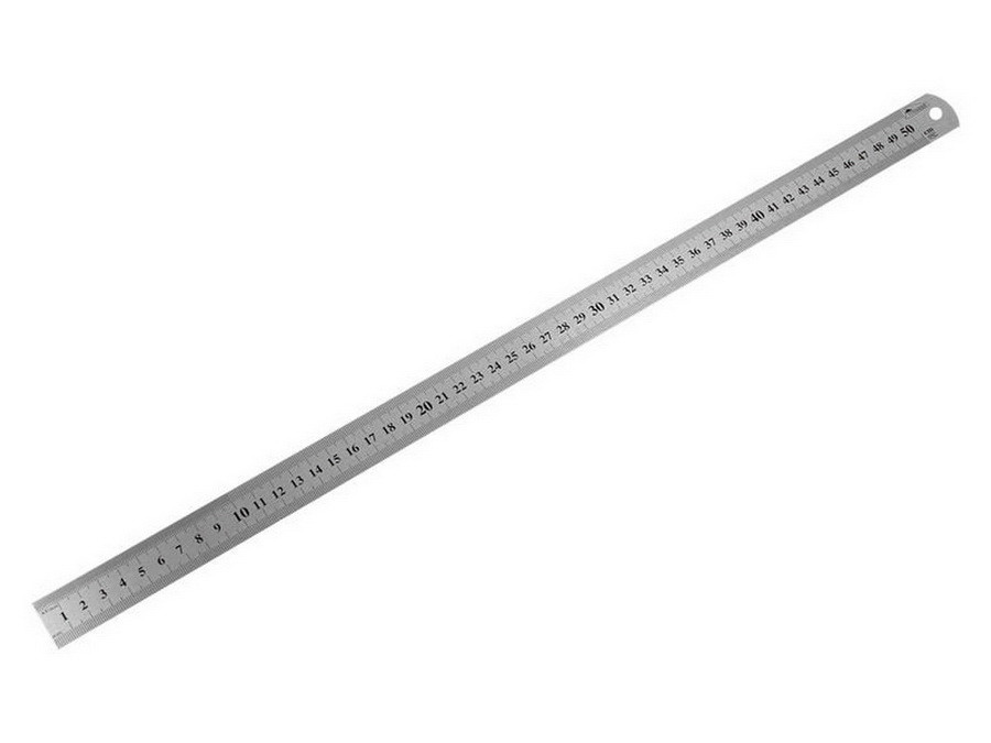 Линейка металлическая 2 метрич. шкалы в см (сверху и снизу), отверстие, 500 мм - 15-6-050 - фото 1 - id-p131773010