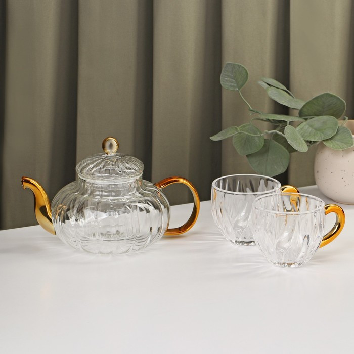 Набор чайный из стекла «Диана в золотом», 3 предмета: чайник 550 м, 2 кружки 150 мл - фото 1 - id-p201691796
