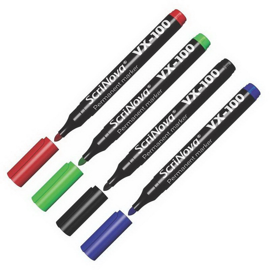Набор маркеров перманентных  4 штуки: черный, красный, синий, зеленый, ширина линии 1-3мм, пулевидны -