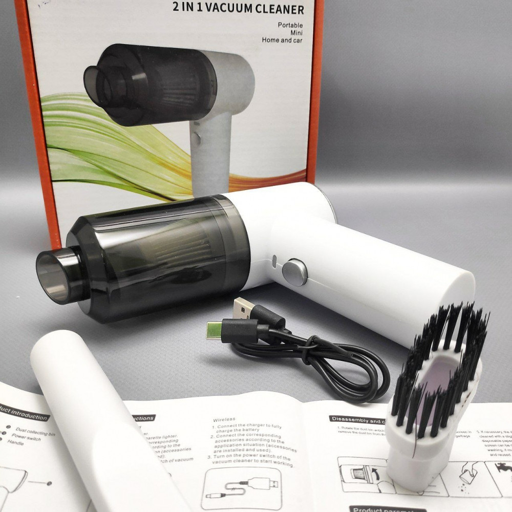 Портативный вакуумный мини пылесос для авто и дома 2 in 1 Vacuum Cleaner (2 насадки) Белый - фото 3 - id-p201863851