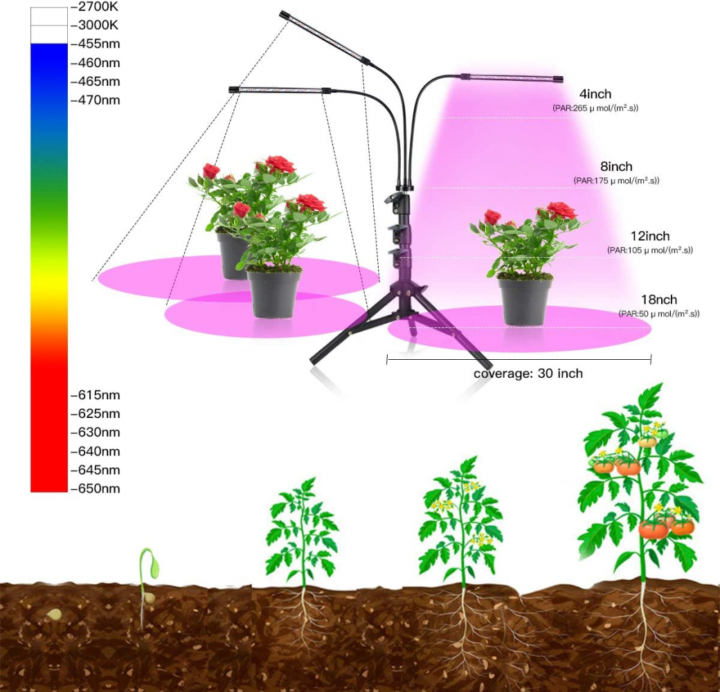 Фитолампа для растений и рассады на штативе / с таймером и диммером - фото 2 - id-p201900515