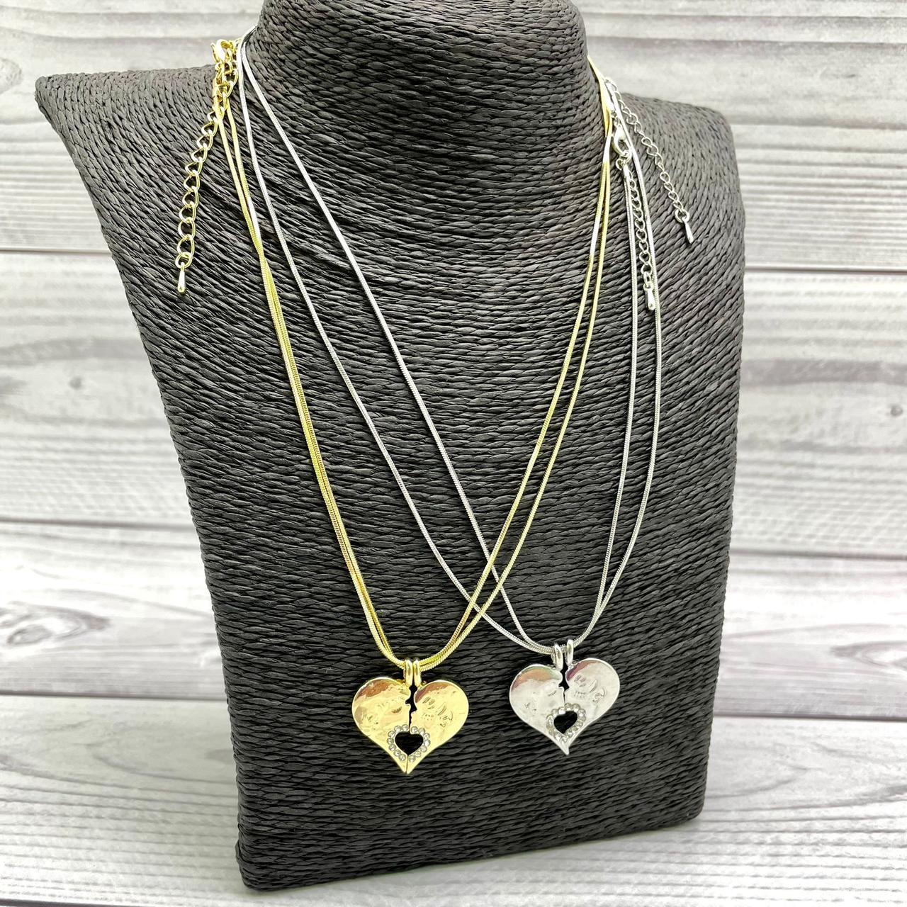 Парная подвеска Сердце на цепочках (2 цепочки, 2 половинки сердца) Золото - Серебро - фото 3 - id-p201927593