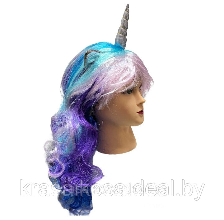 Парик Единорог разноцветный длинный волнистые из искусственных волос карнавальный - фото 3 - id-p133785409