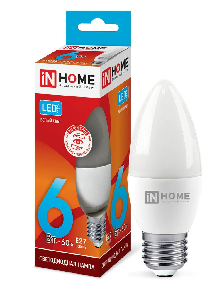 Лампа светодиодная LED-СВЕЧА-VC 6Вт 230В Е27 4000К 540Лм IN HOME