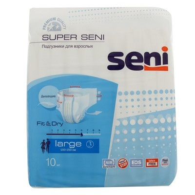 Подгузники для взрослых SENI Super 3 Large 100-150 см 10 штук