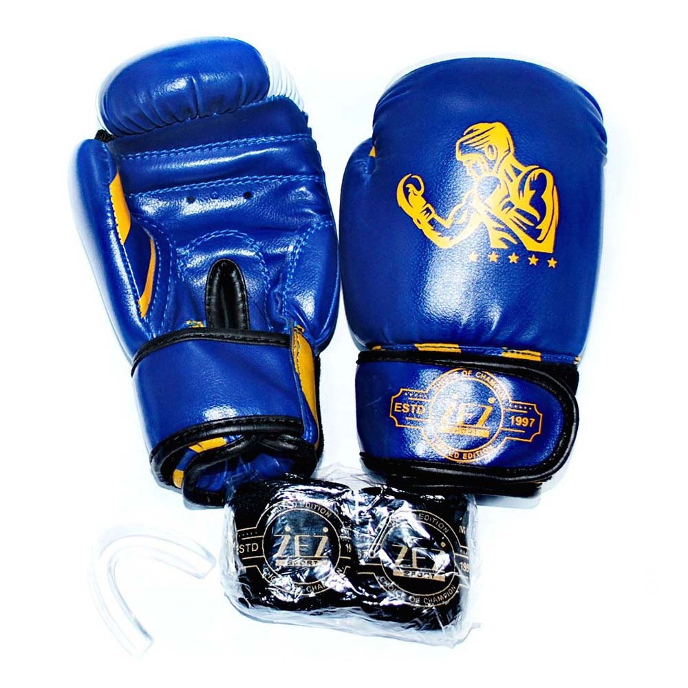 Набор для бокса детский (перчатки боксёрские + капа + бинты ) ZEZ sport  синие 2 унций , Fighter-2-OZ