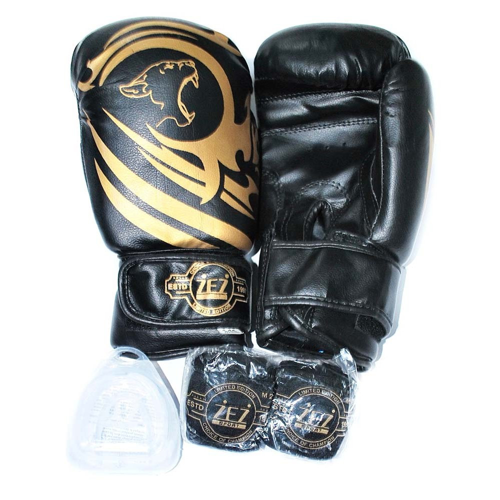 Набор для бокса детский (перчатки боксёрские + капа + бинты ) ZEZ sport черные 6 унций , Tiger-6-OZ - фото 1 - id-p202114779