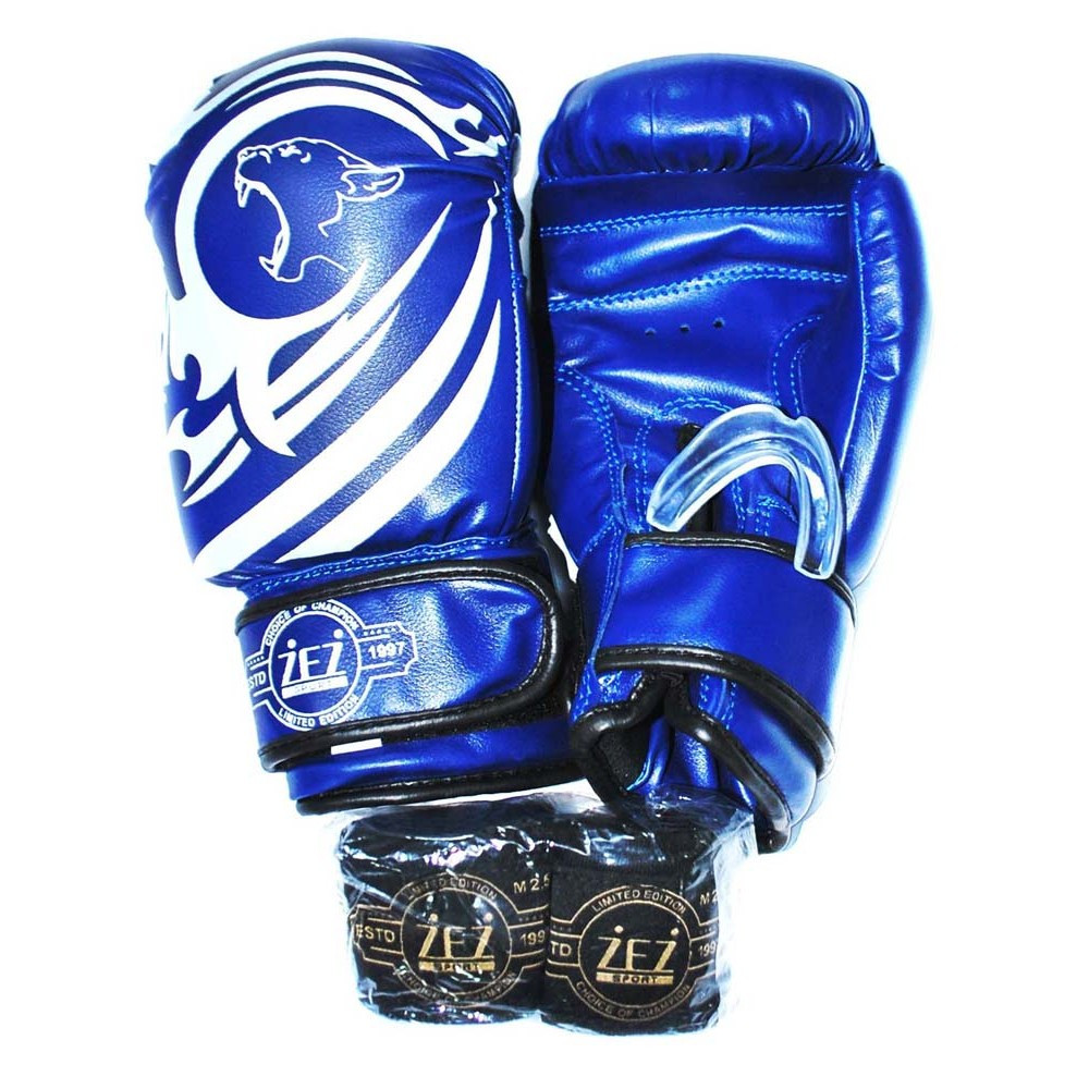 Набор для бокса детский (перчатки боксёрские + капа + бинты ) ZEZ sport  синие  4 унций , Tiger-4-OZ