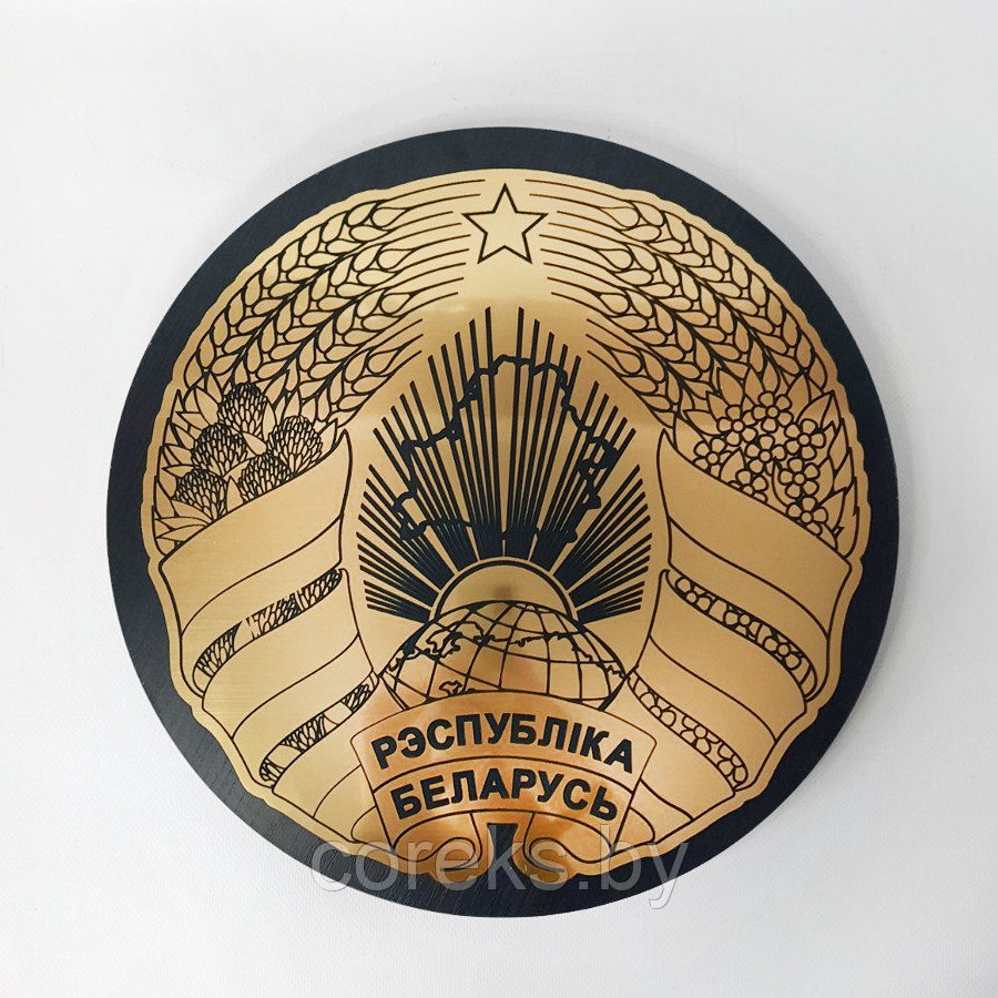 Герб Республики Беларусь из золотистого пластика на подложке из МДФ (размер 40 см) венге - фото 1 - id-p178015493