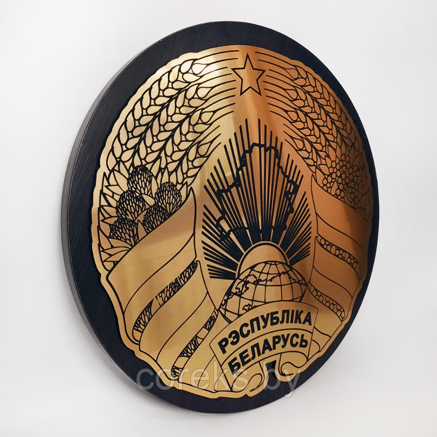 Герб Республики Беларусь из золотистого пластика на подложке из МДФ (размер 40 см) венге - фото 2 - id-p178015493