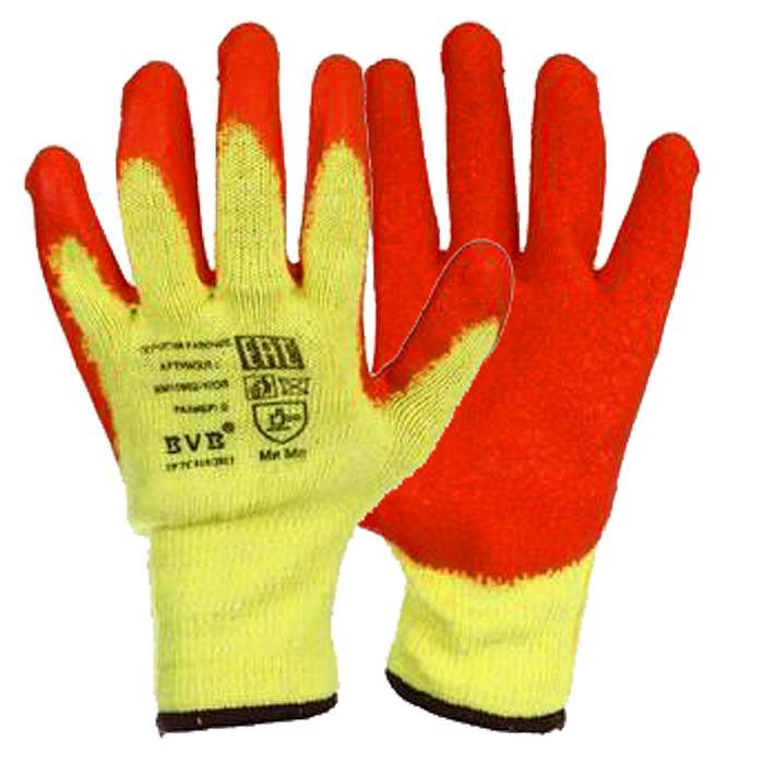 Перчатки желтые х/б 2 -й вязки с  оранжевым вспененным покрытием на ладони, 10 класс вязки  Модель:TR -794