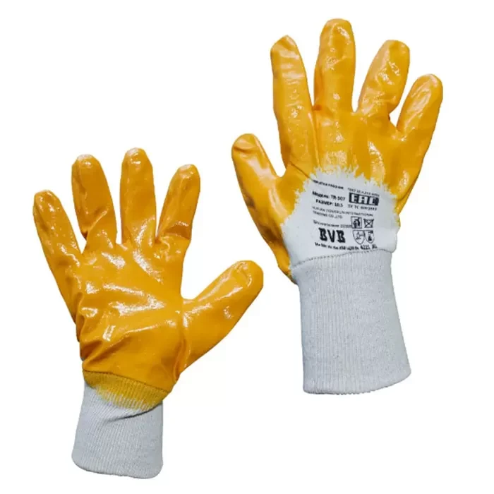 Перчатки  хлопчатобумажные 100% с частичным покрытием 3/4 из желтого нитрила трикотажная манжета,Модель TR-504