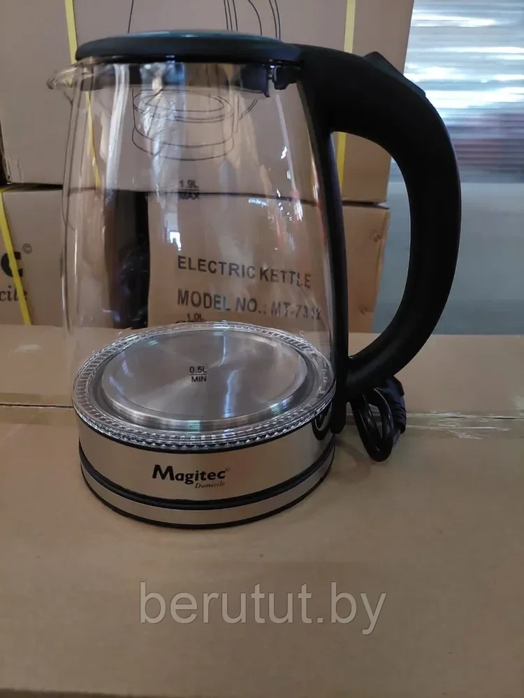 Чайник электрический стеклянный 1.9 л, мощность 2000 Вт, синяя подсветка Magitec MT-7312 - фото 2 - id-p202222908