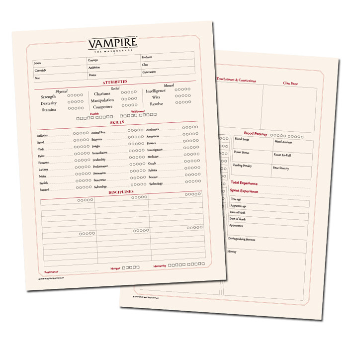 Комплект бланков персонажей для игры Вампиры: Маскарад. Пятая редакция