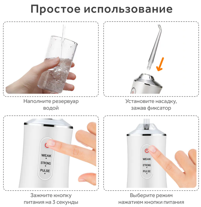 Ирригатор (флоссер) для гигиены полости рта Oral Irrigator 4 сменные насадки Белый - фото 7 - id-p154694275