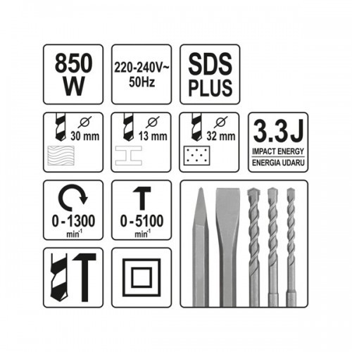 Перфоратор SDS PLUS 850W, 3.3J "Yato" YT-82122 - фото 2 - id-p202252726