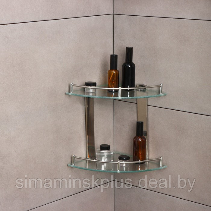 Полка для ванной комнаты 2х-ярусная угловая, 24×24×28 см, нержавеющая сталь, стекло - фото 1 - id-p202412330