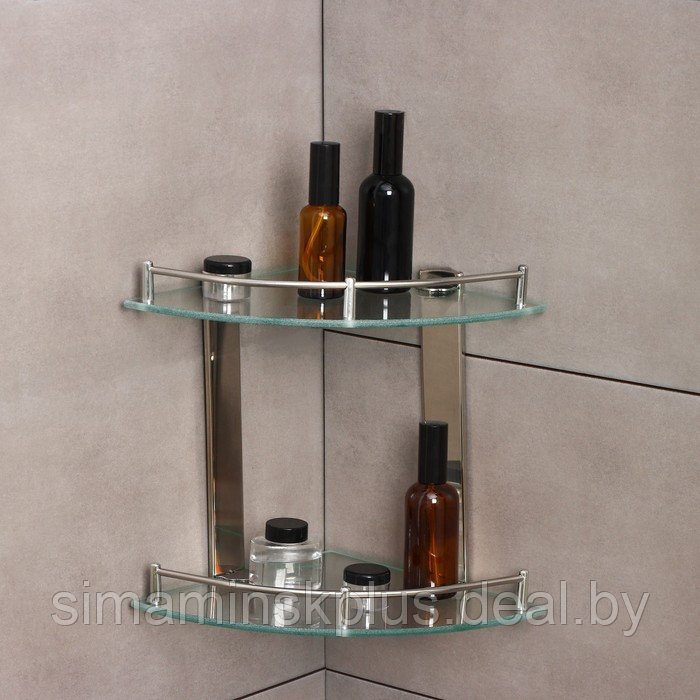 Полка для ванной комнаты 2х-ярусная угловая, 24×24×28 см, нержавеющая сталь, стекло - фото 2 - id-p202412330