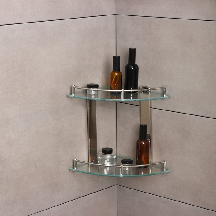 Полка для ванной комнаты 2х-ярусная угловая, 24×24×28 см, нержавеющая сталь, стекло - фото 1 - id-p202416003