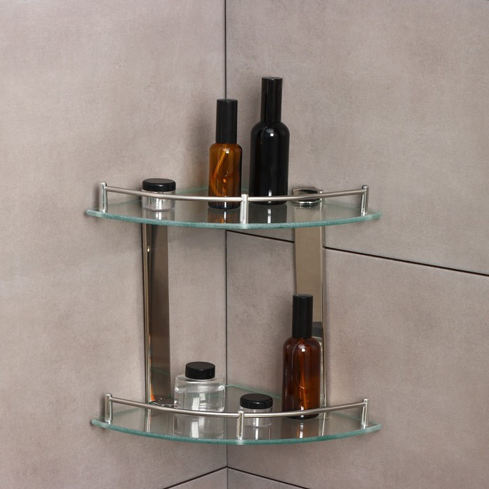 Полка для ванной комнаты 2х-ярусная угловая, 24×24×28 см, нержавеющая сталь, стекло - фото 2 - id-p202416003