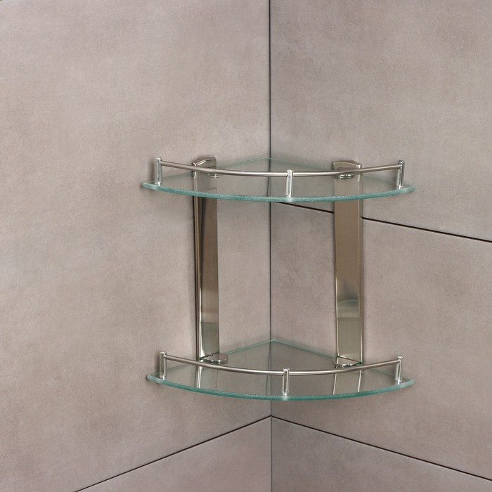 Полка для ванной комнаты 2х-ярусная угловая, 24×24×28 см, нержавеющая сталь, стекло - фото 3 - id-p202416003