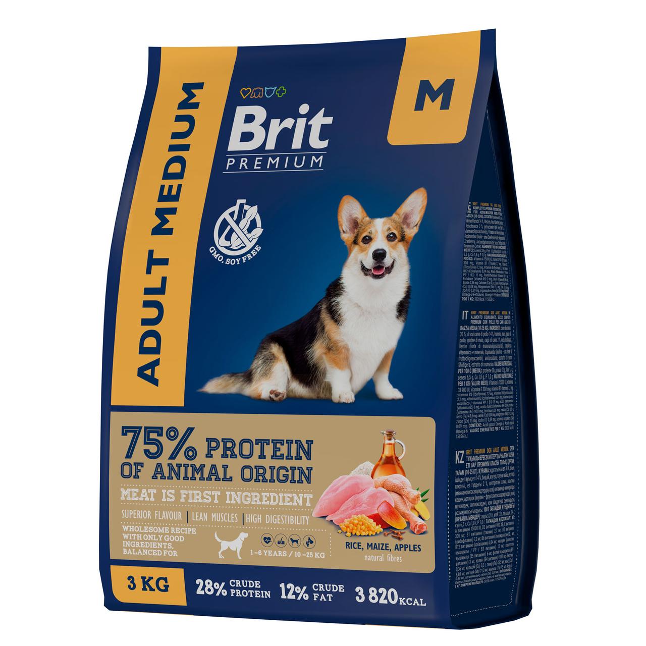 "Brit" Premium Dog Adult Medium сухой корм с курицей для взрослых собак средних пород 3кг - фото 1 - id-p202427362