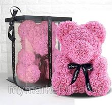 Мишка из роз ручной работы, 38 см в подарочной упаковке
