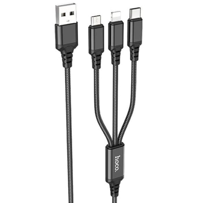 USB кабель Hoco X76 Super Lightning + MicroUSB + Type-C, длина 1 метр (Черный) - фото 1 - id-p202437663
