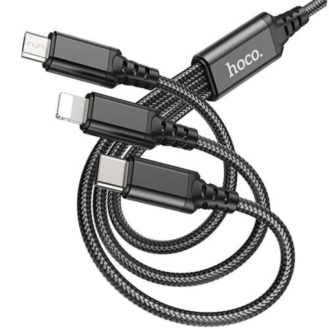 USB кабель Hoco X76 Super Lightning + MicroUSB + Type-C, длина 1 метр (Черный) - фото 2 - id-p202437663