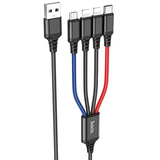 USB кабель Hoco X76 Super Lightning x 2+ MicroUSB + Type-C, длина 1 метр (Черный, красный, синий) - фото 1 - id-p202437665