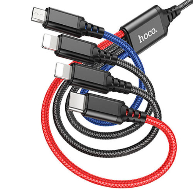 USB кабель Hoco X76 Super Lightning x 2+ MicroUSB + Type-C, длина 1 метр (Черный, красный, синий) - фото 2 - id-p202437665