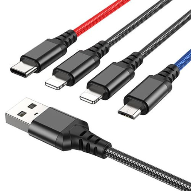 USB кабель Hoco X76 Super Lightning x 2+ MicroUSB + Type-C, длина 1 метр (Черный, красный, синий) - фото 3 - id-p202437665