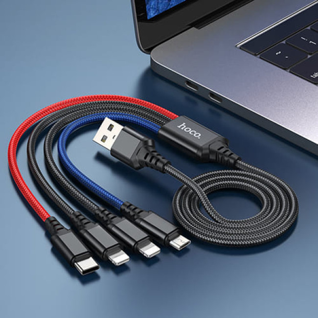 USB кабель Hoco X76 Super Lightning x 2+ MicroUSB + Type-C, длина 1 метр (Черный, красный, синий) - фото 5 - id-p202437665