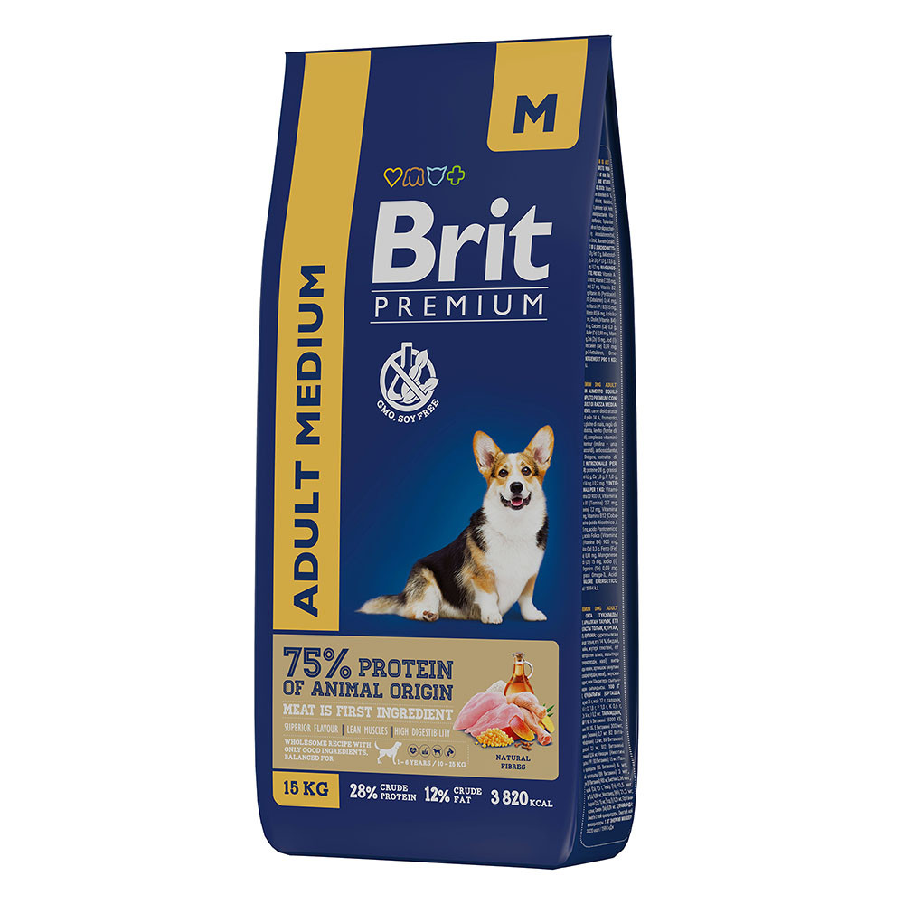 "Brit" Premium Dog Adult Medium сухой корм с курицей для взрослых собак средних пород 15кг - фото 1 - id-p202471102