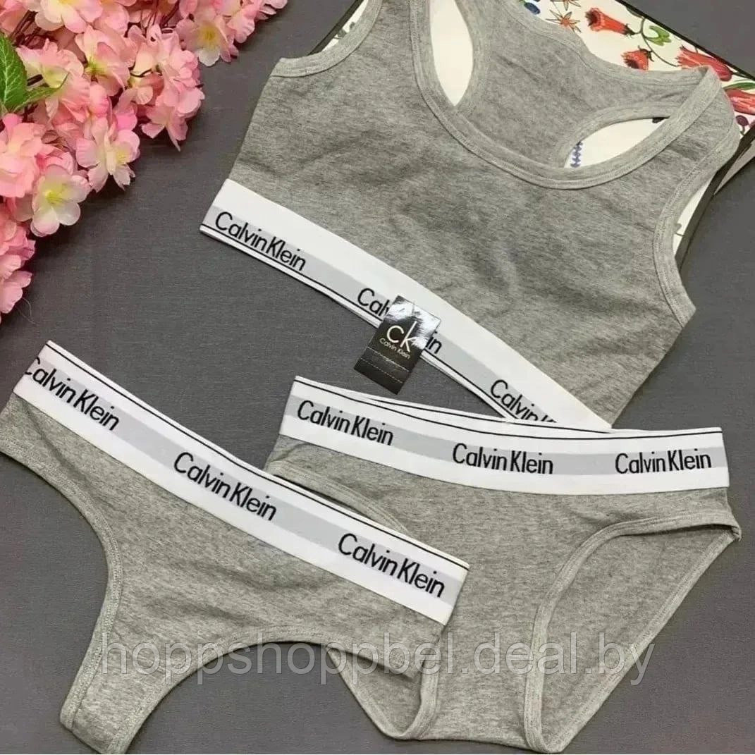 Комплект женского спортивного белья 3в1 Calvin Klein серый / Комплект "ТРОЙКА" - фото 2 - id-p202473946