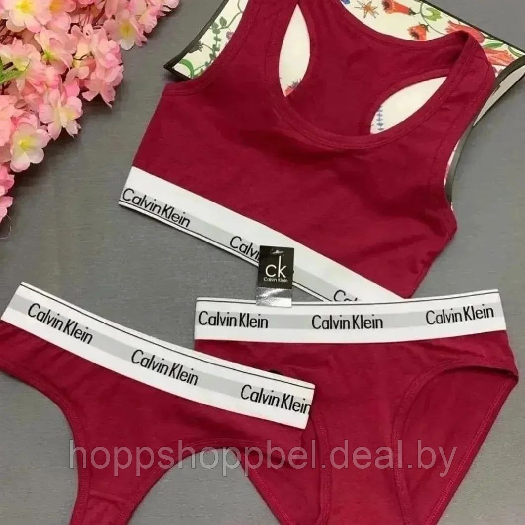 Комплект женского спортивного белья 3 в1 Calvin Klein бордовый / Комплект "ТРОЙКА" - фото 2 - id-p202473965