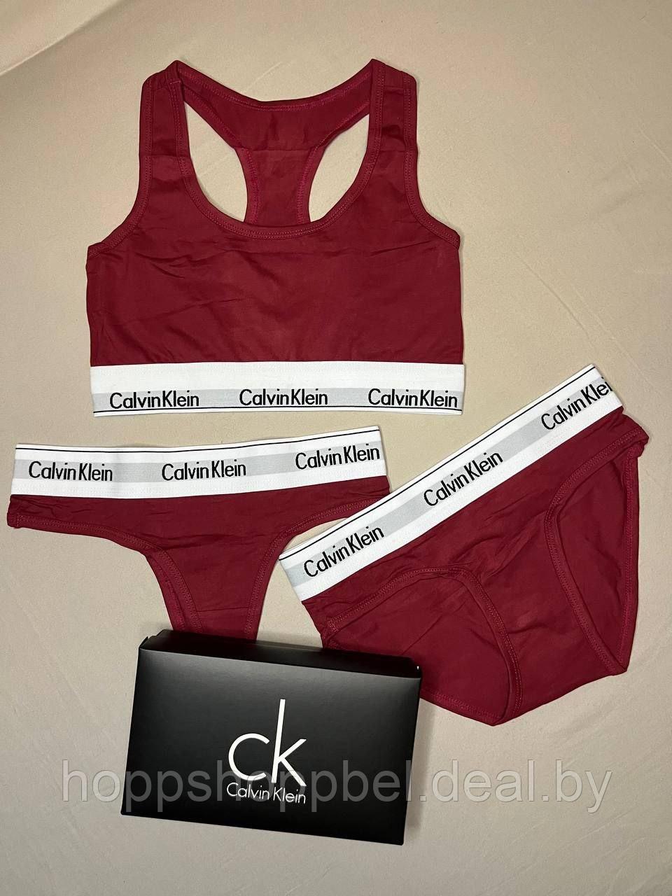 Комплект женского спортивного белья 3 в1 Calvin Klein бордовый / Комплект "ТРОЙКА" - фото 6 - id-p202473965