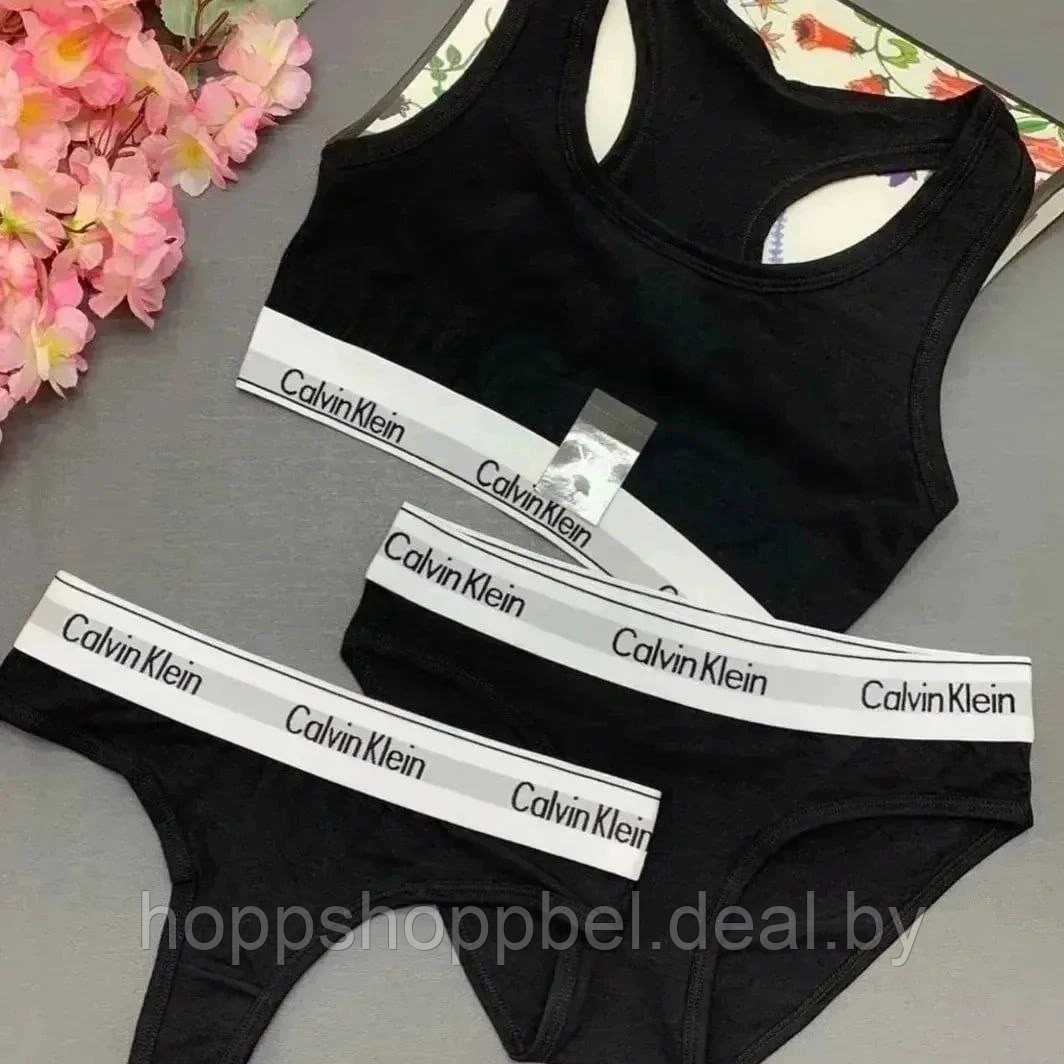 Комплект женского спортивного белья 3в1 Calvin Klein чёрный / Комплект "ТРОЙКА" - фото 3 - id-p202473983
