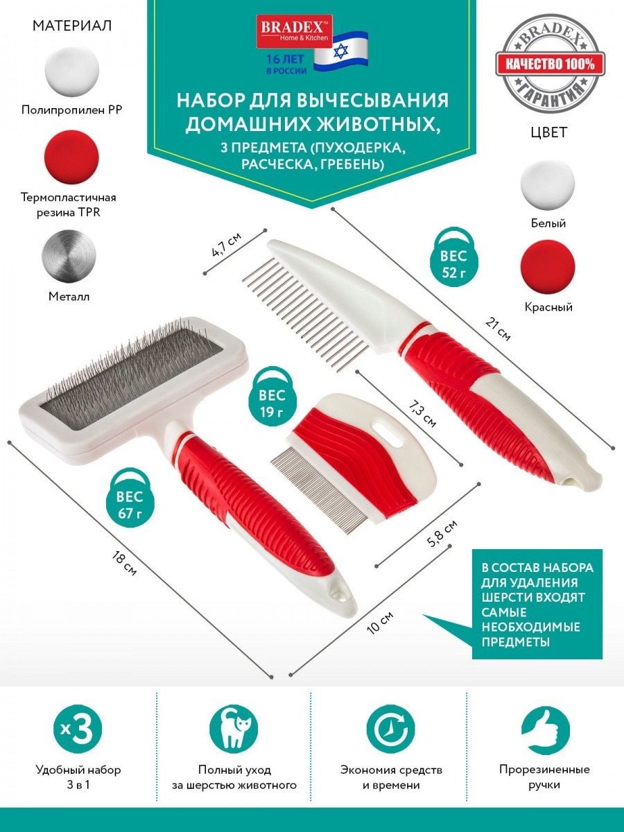Набор для вычесывания домашних животных, 3 предмета